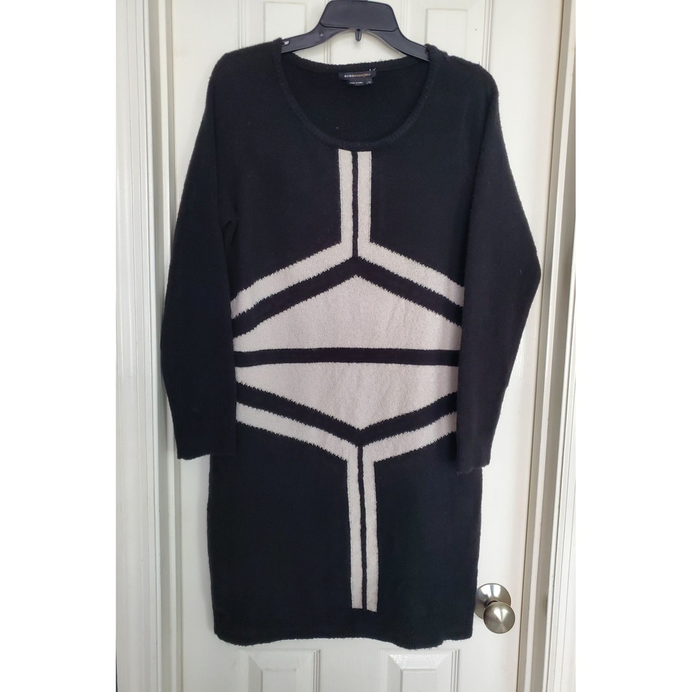 BCBGMAXAZRIA Sweater Dress Black Geometric Wool Blend Long Sleeve XL